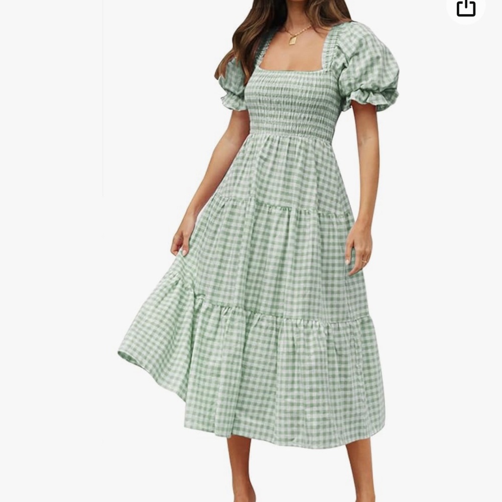 Summer plaid square neck puff sleeve ruffle flowy beach midi dress